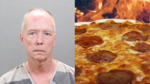 mug shot of man and picture of pepperoni pizza