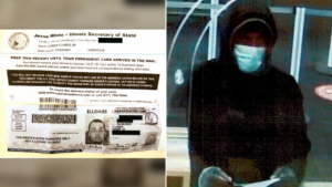 Edner Flores's state ID card (left) and the suspect hooded and masked in bank surveillance video