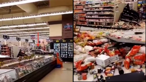 Screengrab of clip from a horrified shopper who filmed the car cruising along an aisle at the grocery store in Columbia Falls, Montana, causing mayhem