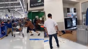 shopper ramming trolley at Walmart worker, then lying spread out on the floor after being punched